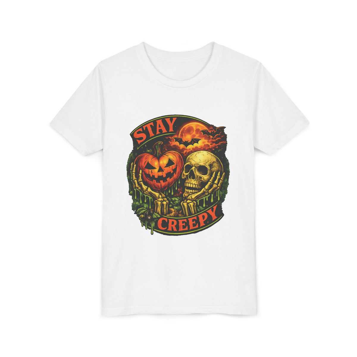 Stay Creepy Youth Tee — Halloween Pumpkin & Skull Kids T-Shirt