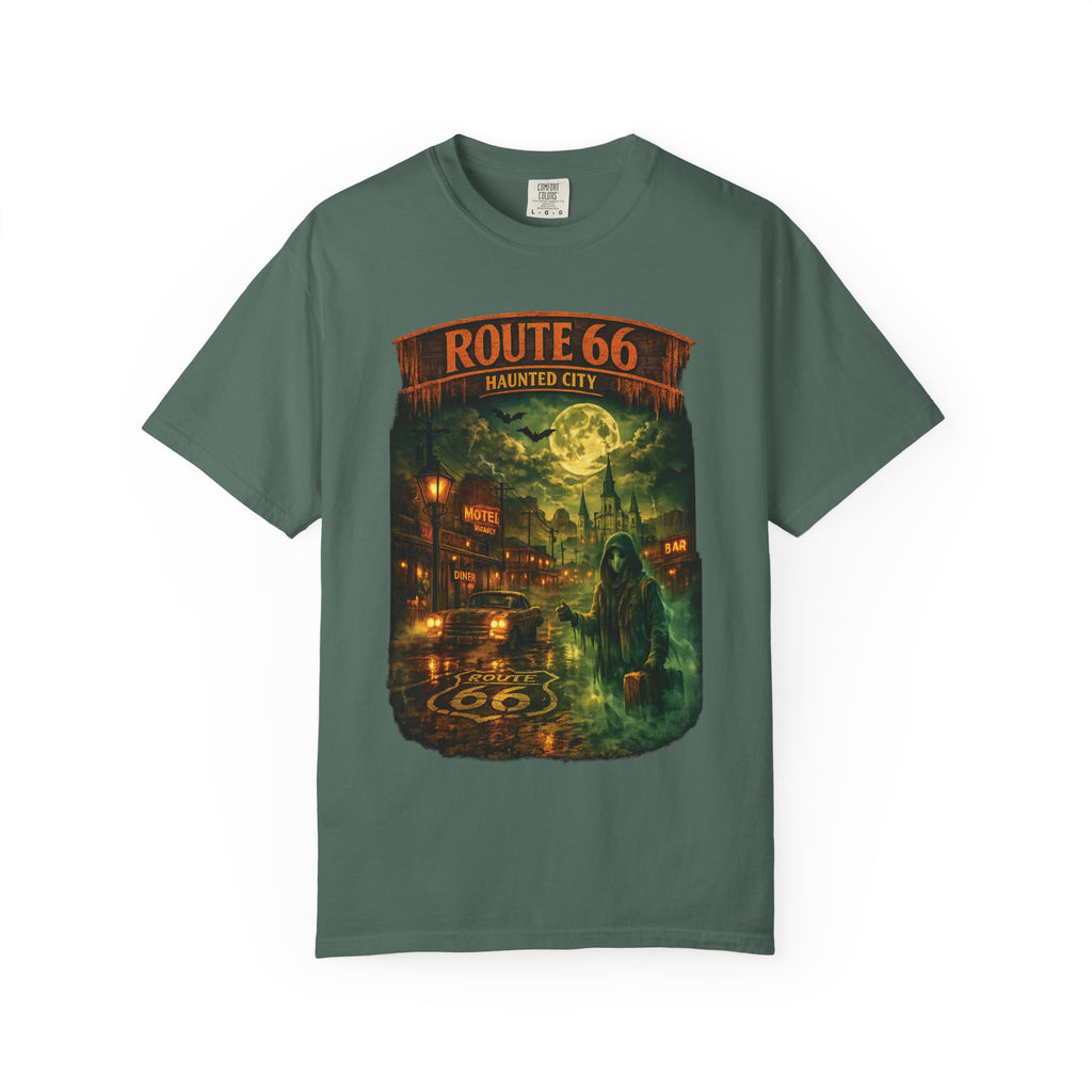 Route 66 Haunted City T-Shirt — Vintage Horror Roadtrip Graphic Tee