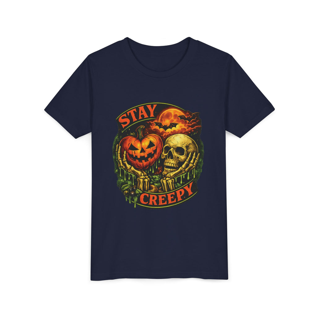 Stay Creepy Youth Tee — Halloween Pumpkin & Skull Kids T-Shirt