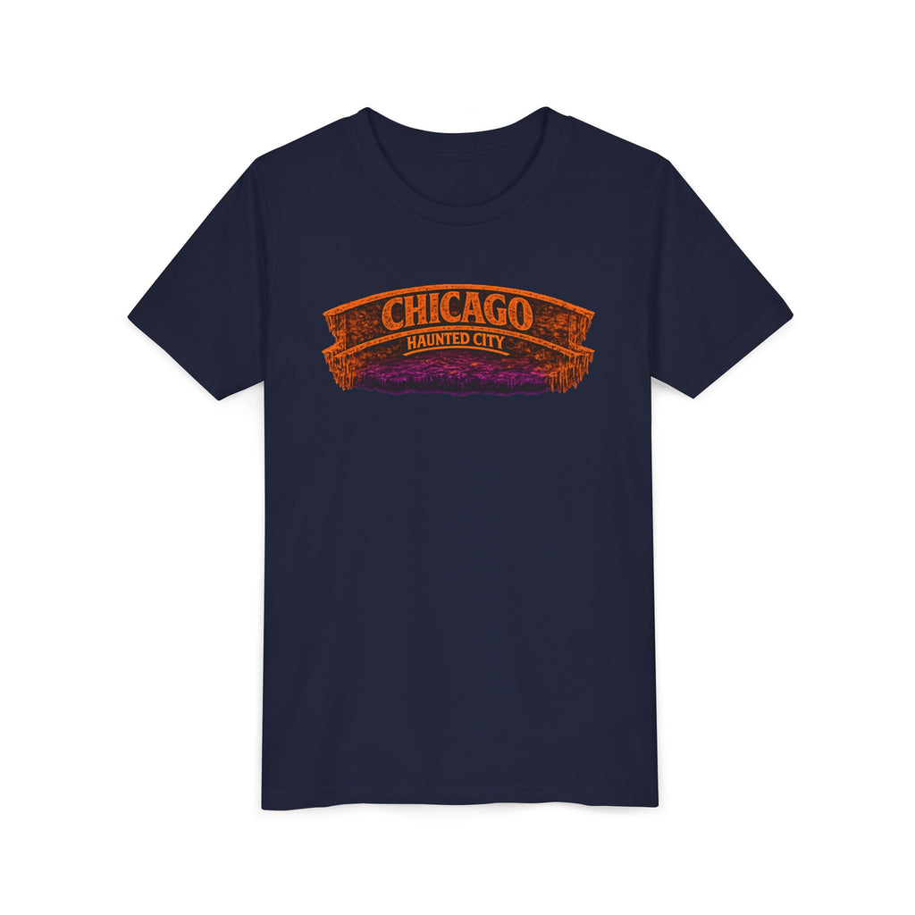 Chicago Haunted City Youth Tee — Halloween Pumpkin Skyline Shirt