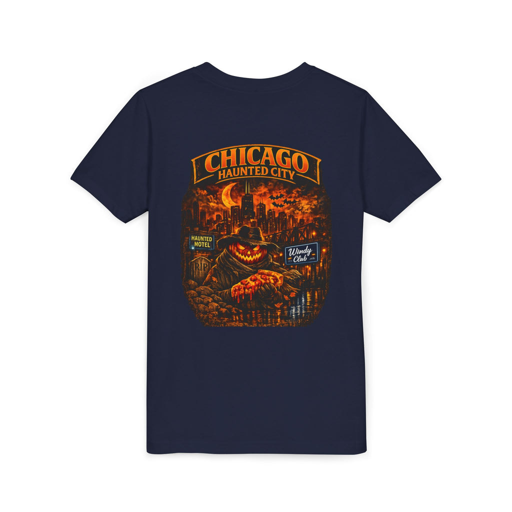 Chicago Haunted City Youth Tee — Halloween Pumpkin Skyline Shirt
