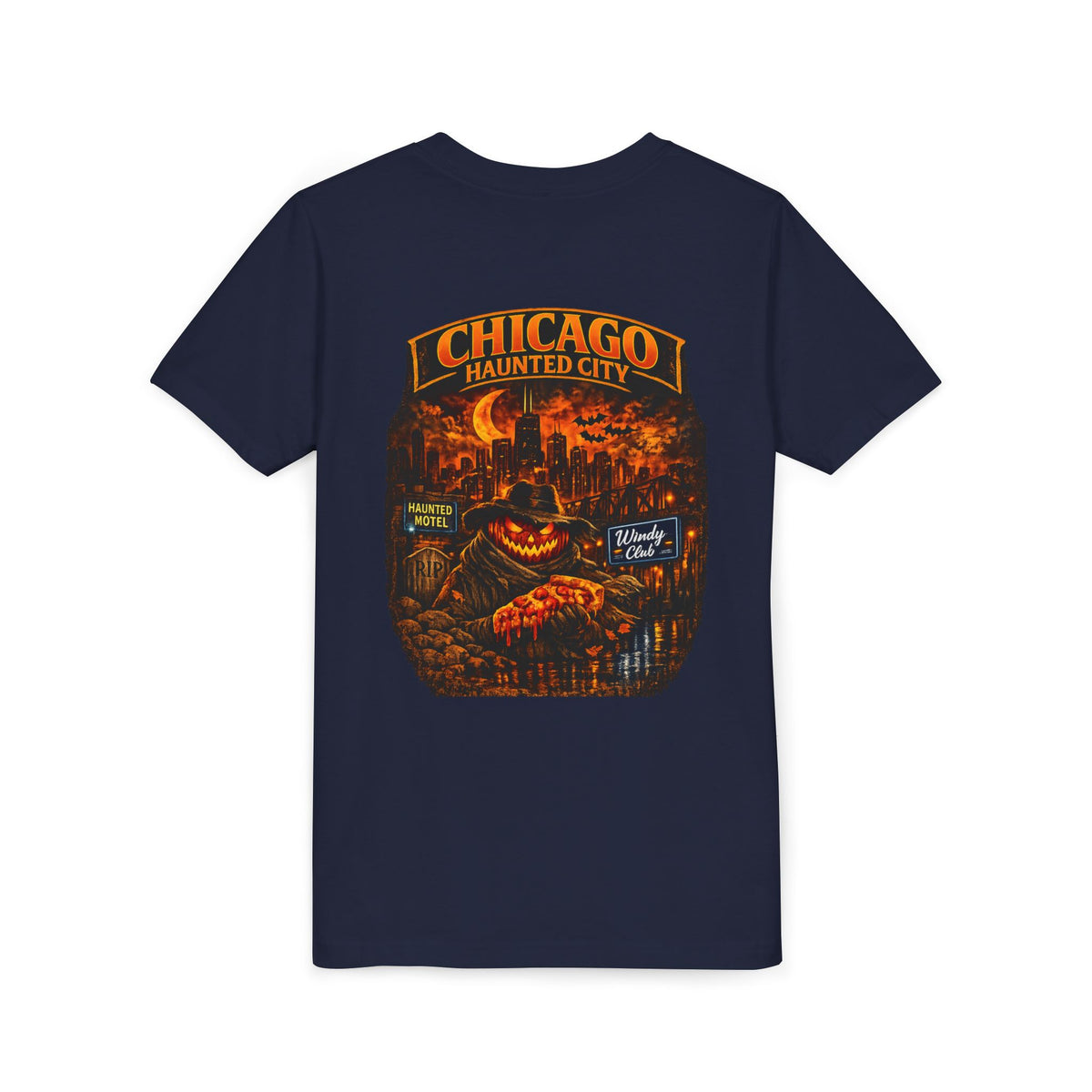 Chicago Haunted City Youth Tee — Halloween Pumpkin Skyline Shirt