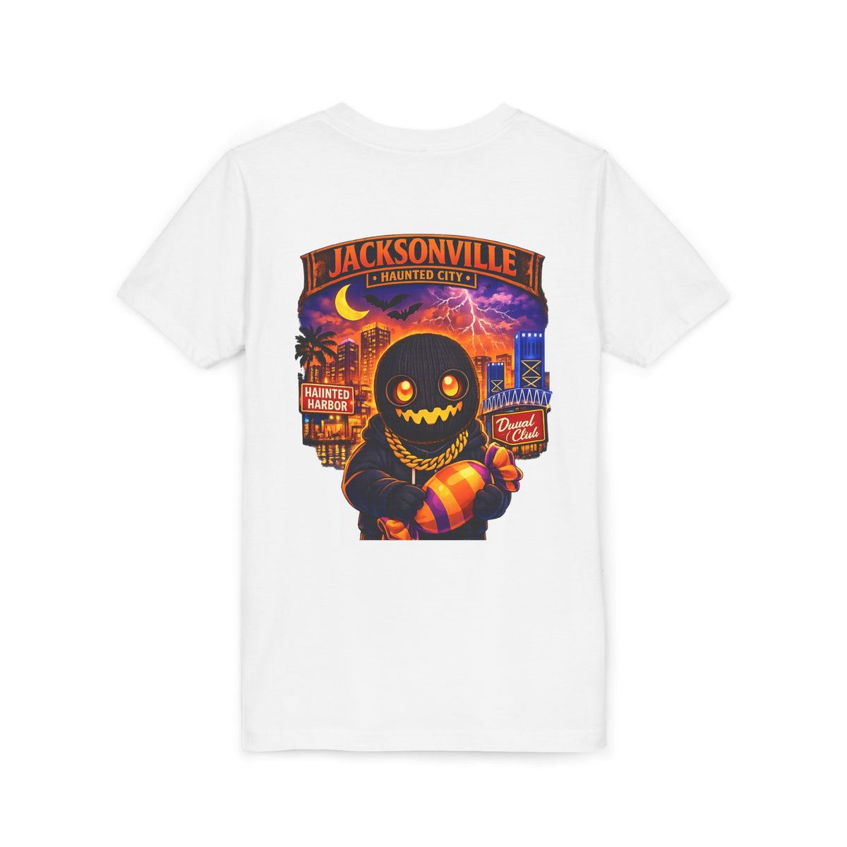 Jacksonville Haunted City Youth Tee — Halloween Smiling Mask Character