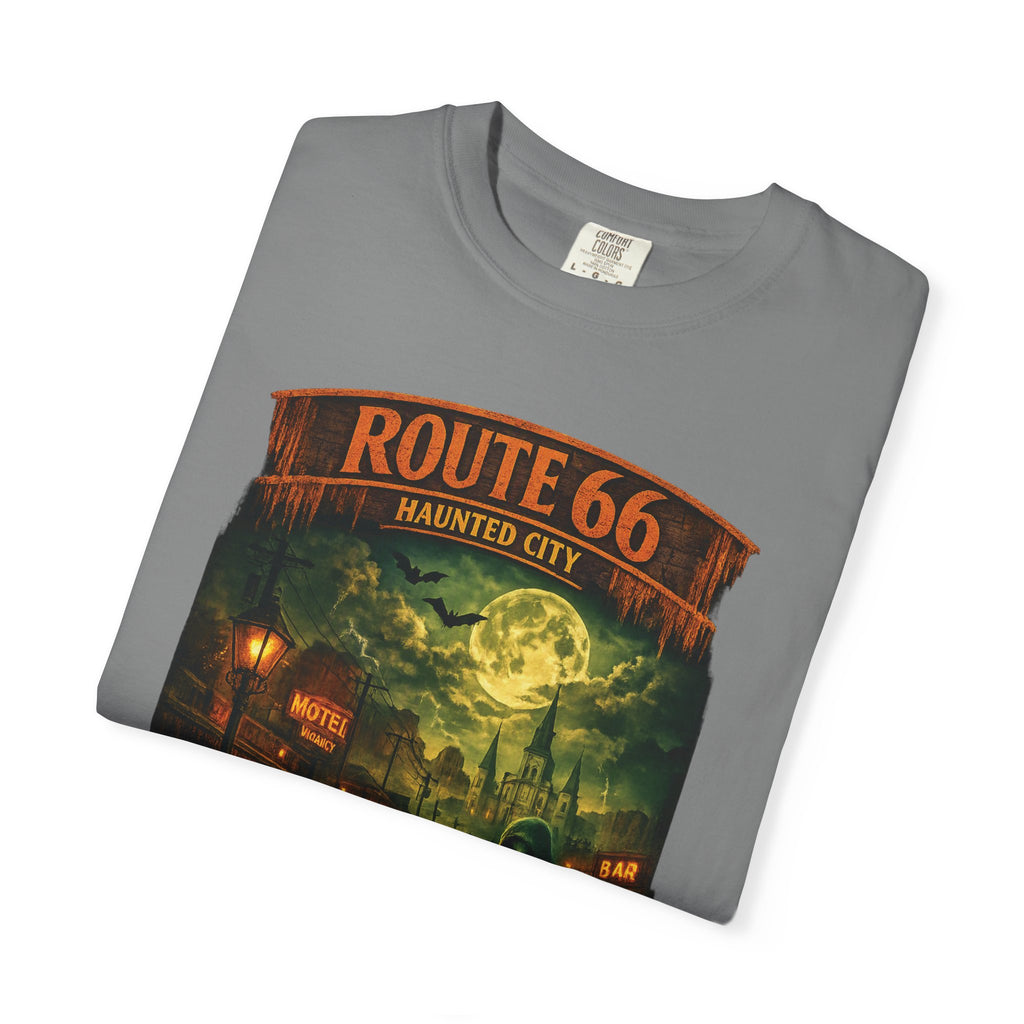 Route 66 Haunted City T-Shirt — Vintage Horror Roadtrip Graphic Tee
