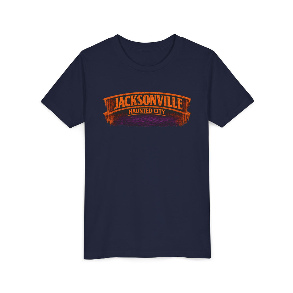 Jacksonville Haunted City Youth Tee — Halloween Smiling Mask Character