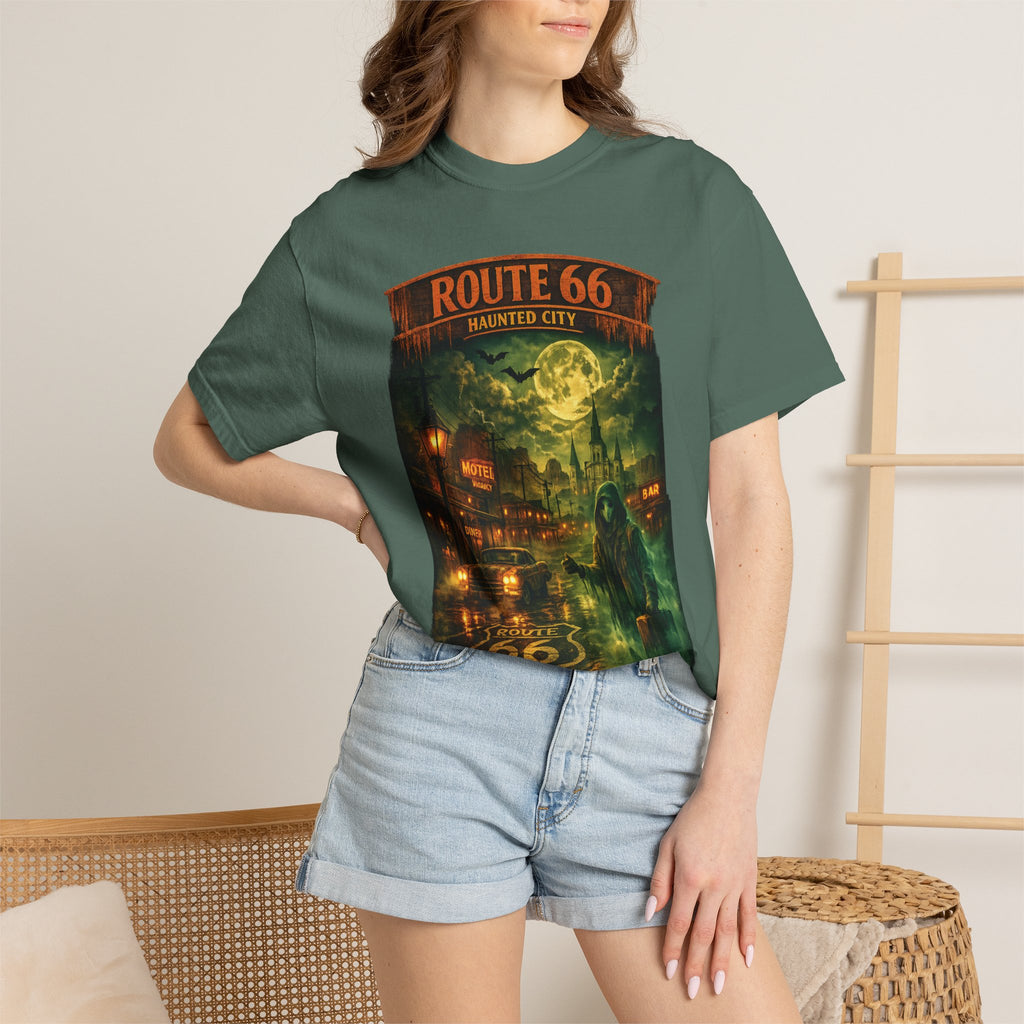 Route 66 Haunted City T-Shirt — Vintage Horror Roadtrip Graphic Tee