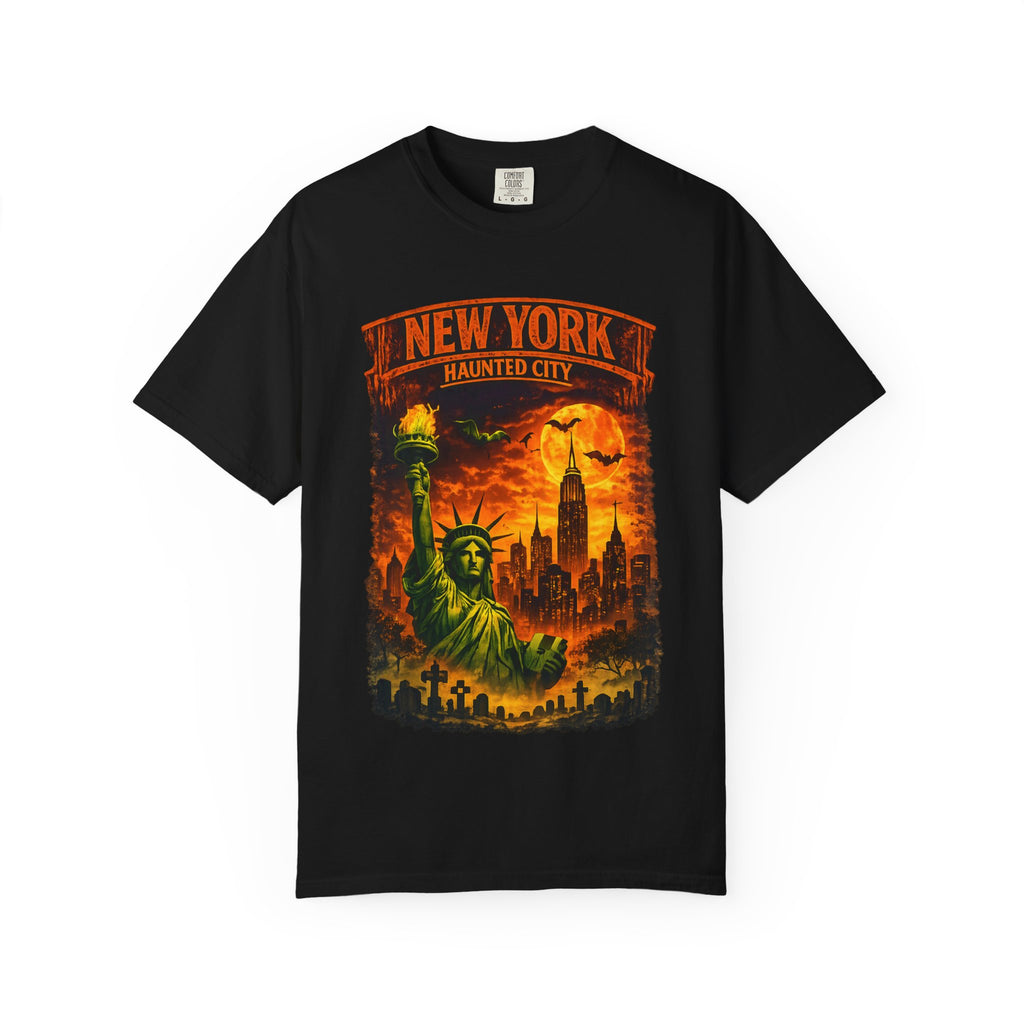 New York Haunted City T-Shirt — Spooky Statue of Liberty Skyline Tee