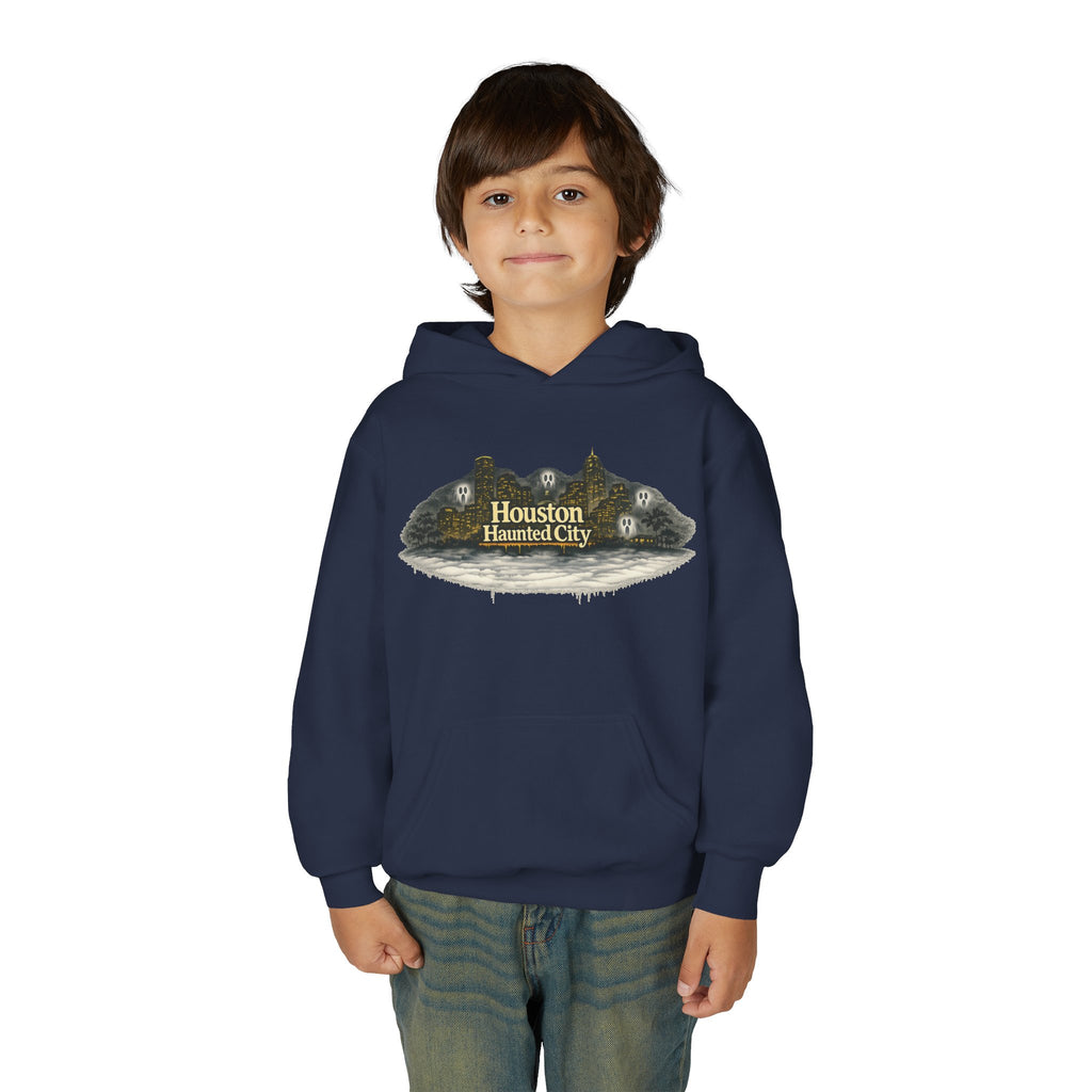Houston Haunted City Youth Hoodie — Spooky Ghosts Graphic Pullover