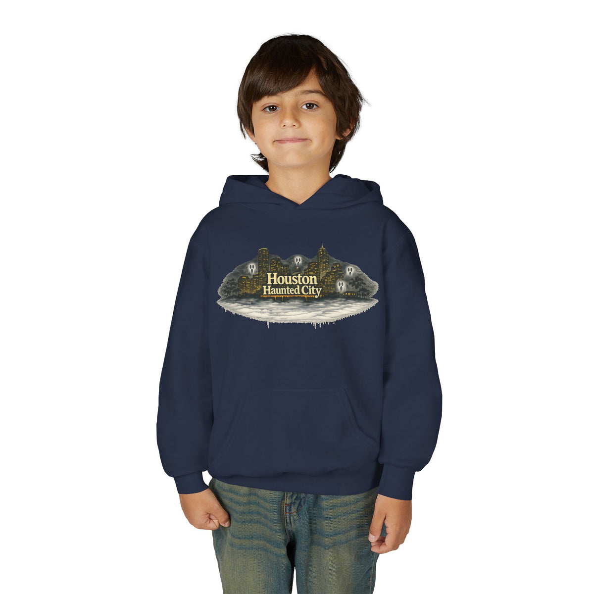 Houston Haunted City Youth Hoodie — Spooky Ghosts Graphic Pullover