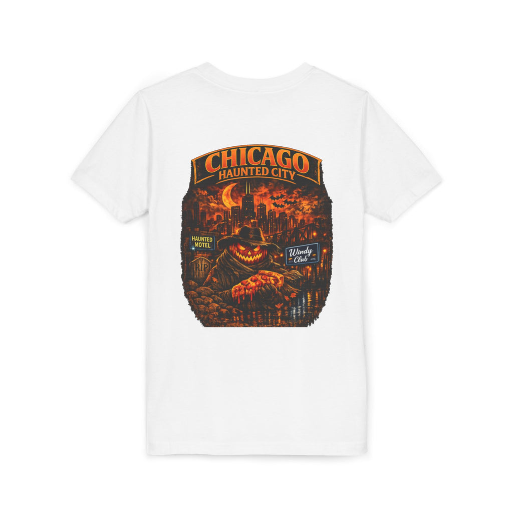 Chicago Haunted City Youth Tee — Halloween Pumpkin Skyline Shirt