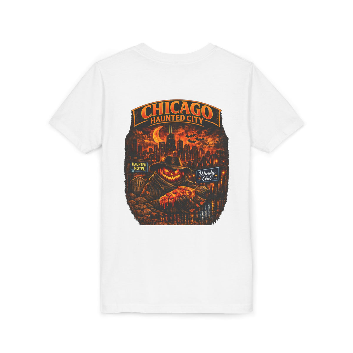 Chicago Haunted City Youth Tee — Halloween Pumpkin Skyline Shirt