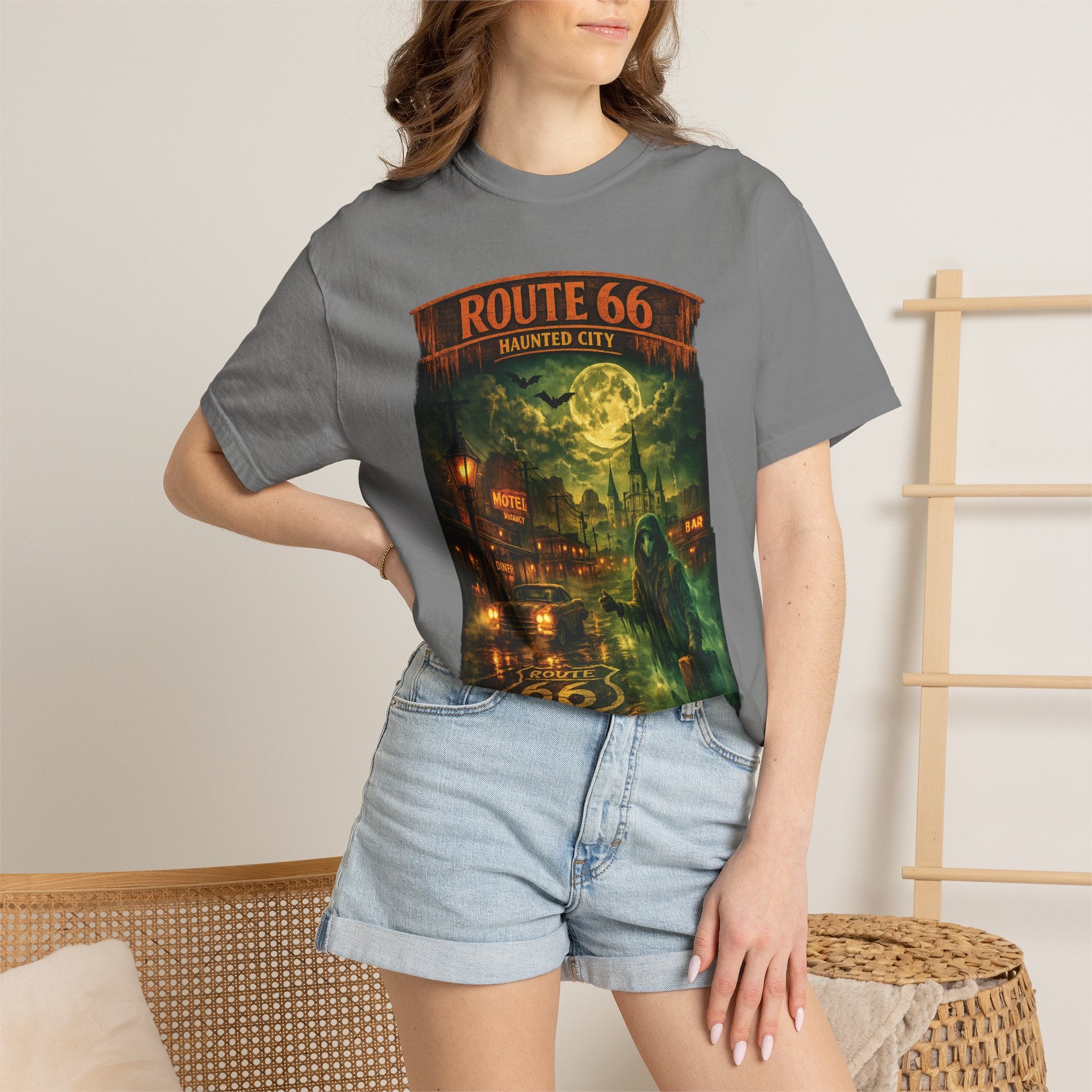 Route 66 Haunted City T-Shirt — Vintage Horror Roadtrip Graphic Tee