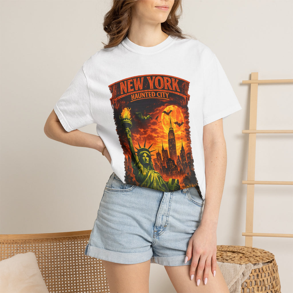 New York Haunted City T-Shirt — Spooky Statue of Liberty Skyline Tee