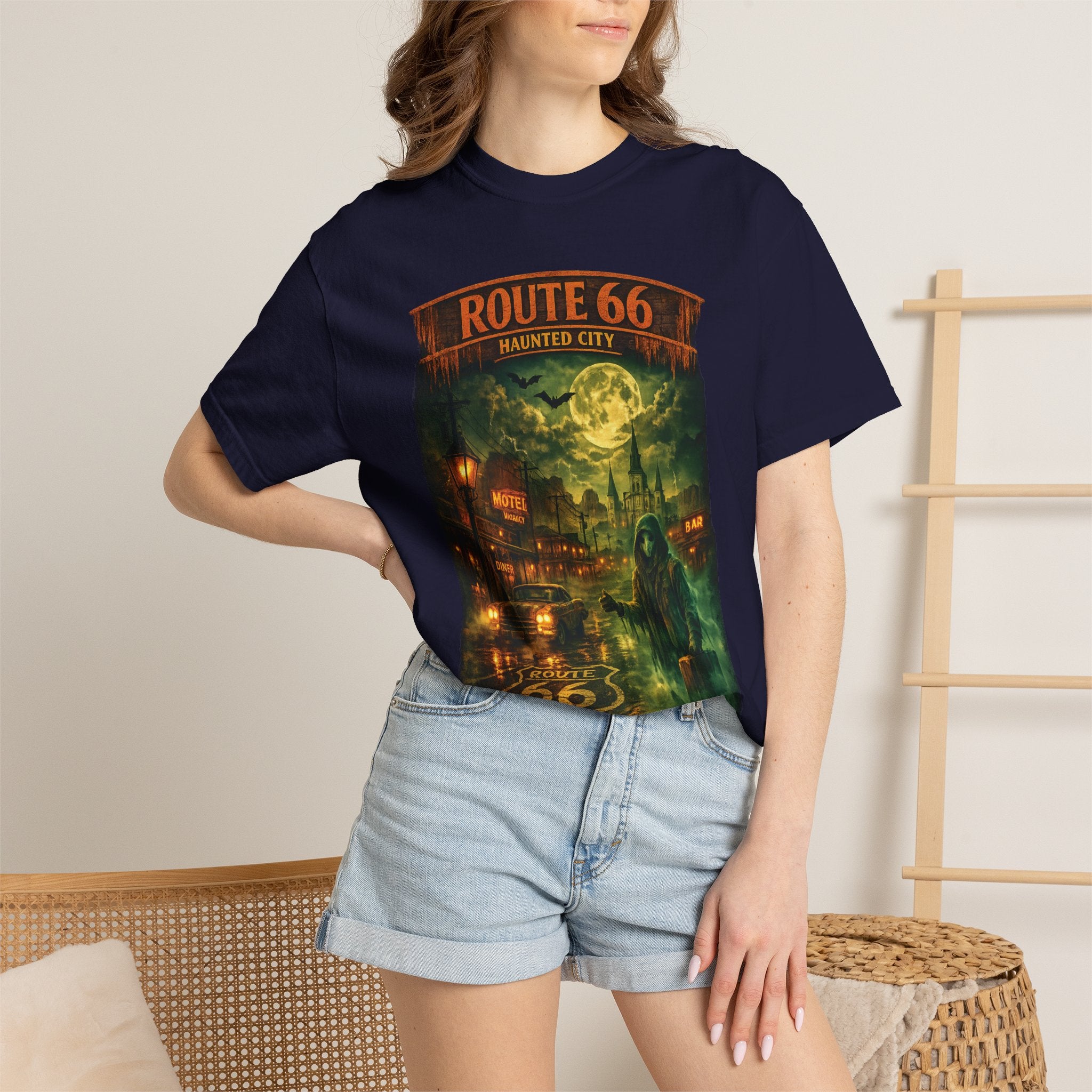 Route 66 Haunted City T-Shirt — Vintage Horror Roadtrip Graphic Tee
