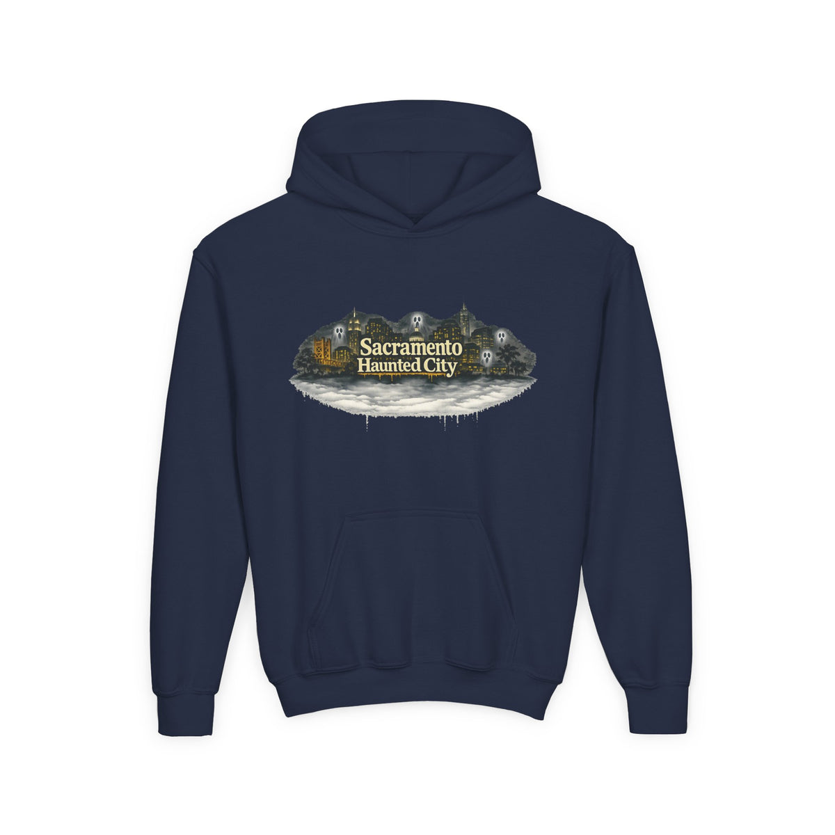 Sacramento Haunted City Youth Hoodie – Spooky Vintage Ghost Graphic