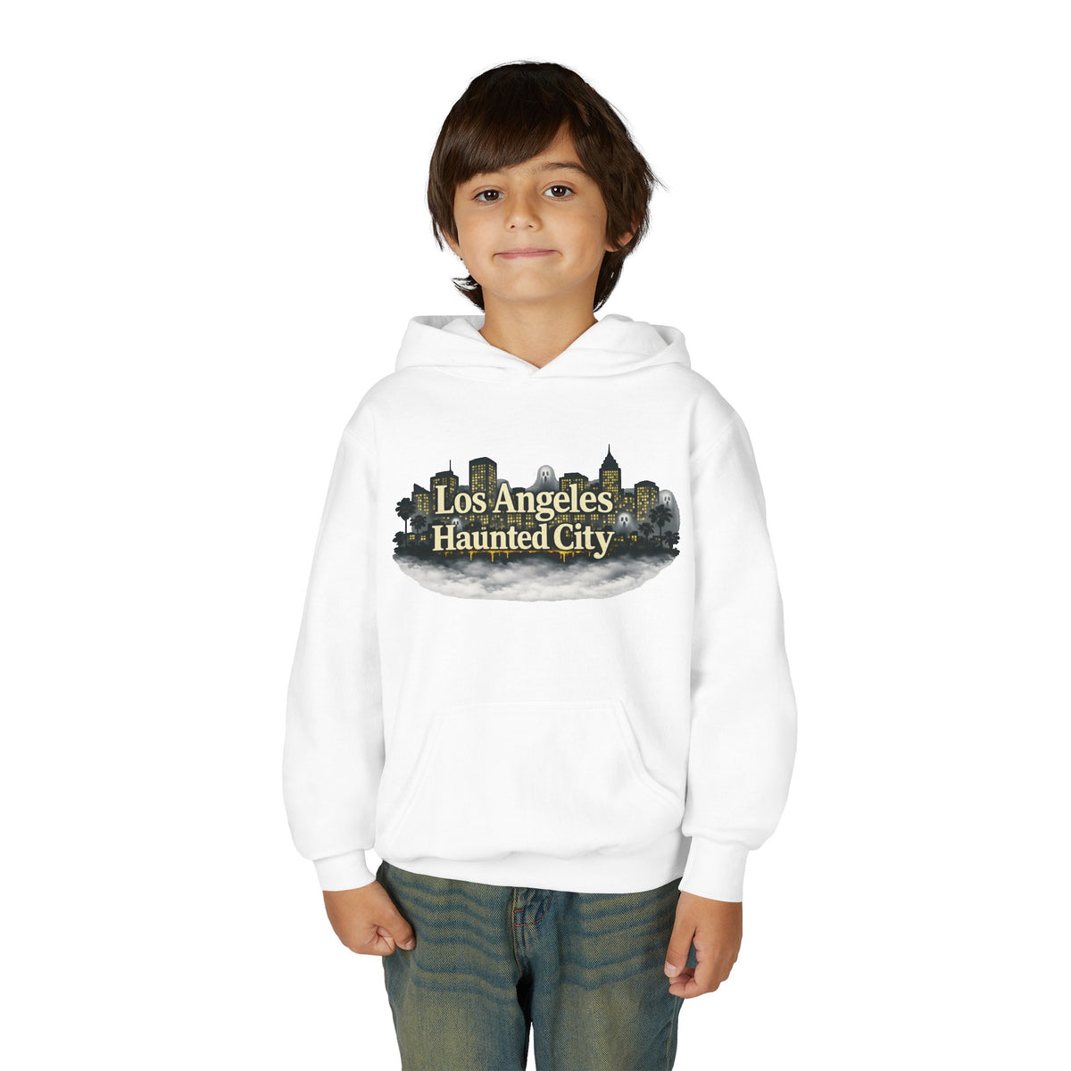 Los Angeles Haunted City Youth Hoodie — Spooky Cityscape Pullover