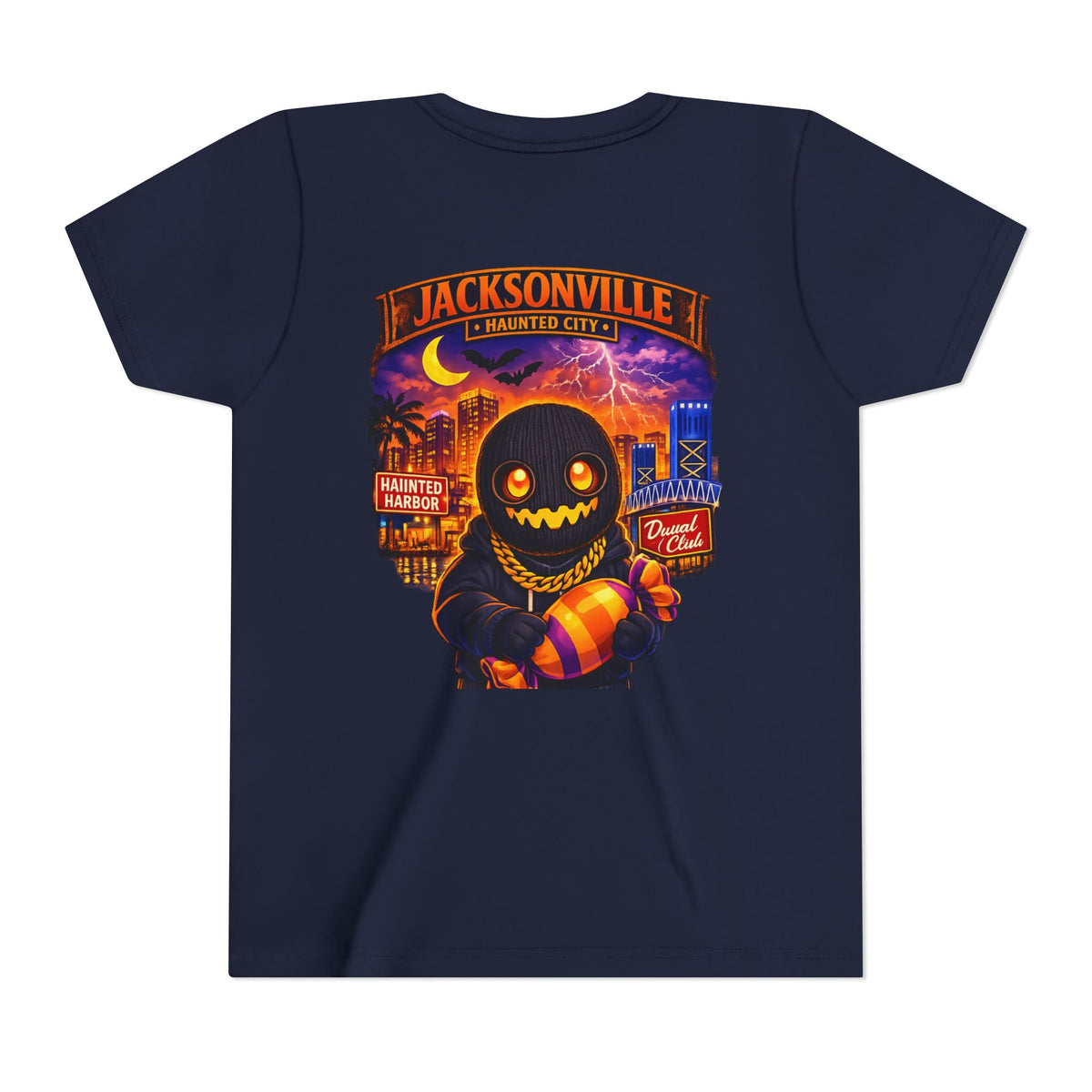 Jacksonville Haunted City Youth Tee — Halloween Smiling Mask Character