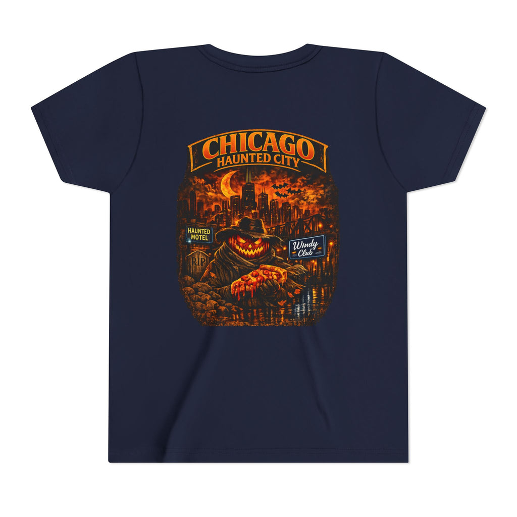 Chicago Haunted City Youth Tee — Halloween Pumpkin Skyline Shirt