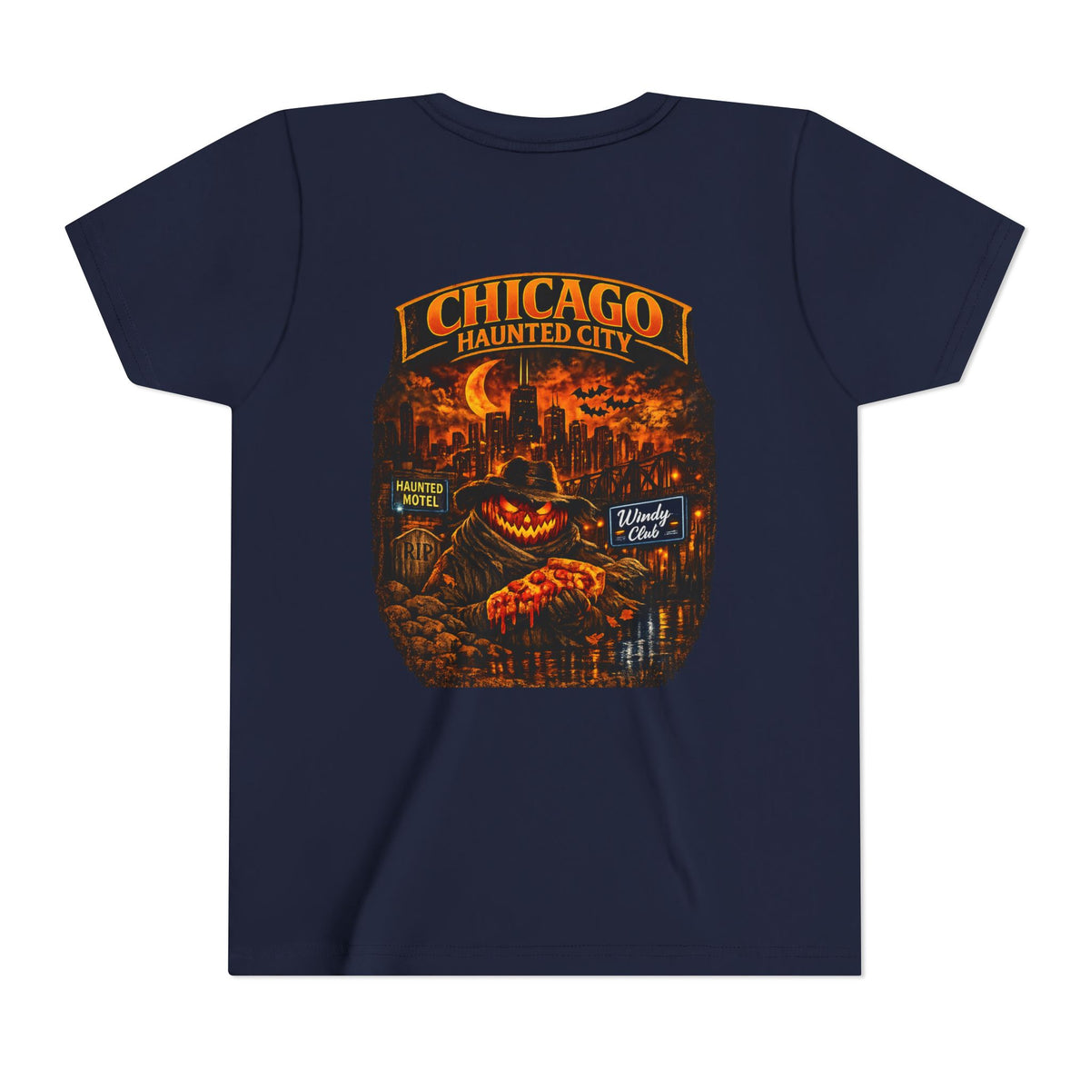 Chicago Haunted City Youth Tee — Halloween Pumpkin Skyline Shirt
