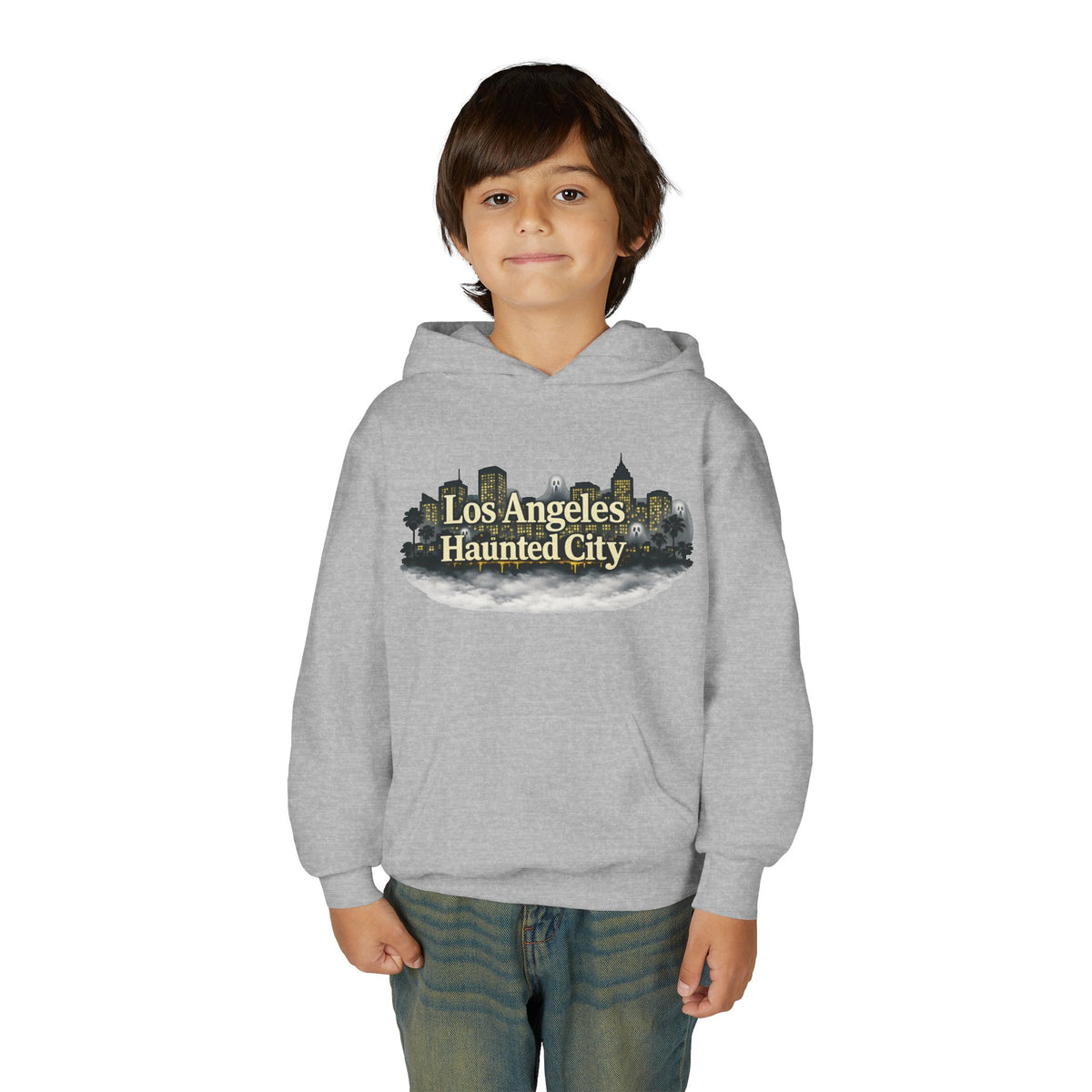 Los Angeles Haunted City Youth Hoodie — Spooky Cityscape Pullover