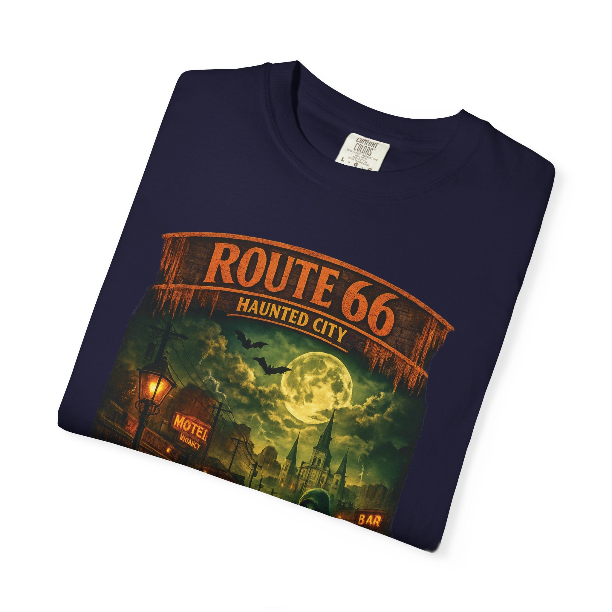 Route 66 Haunted City T-Shirt — Vintage Horror Roadtrip Graphic Tee