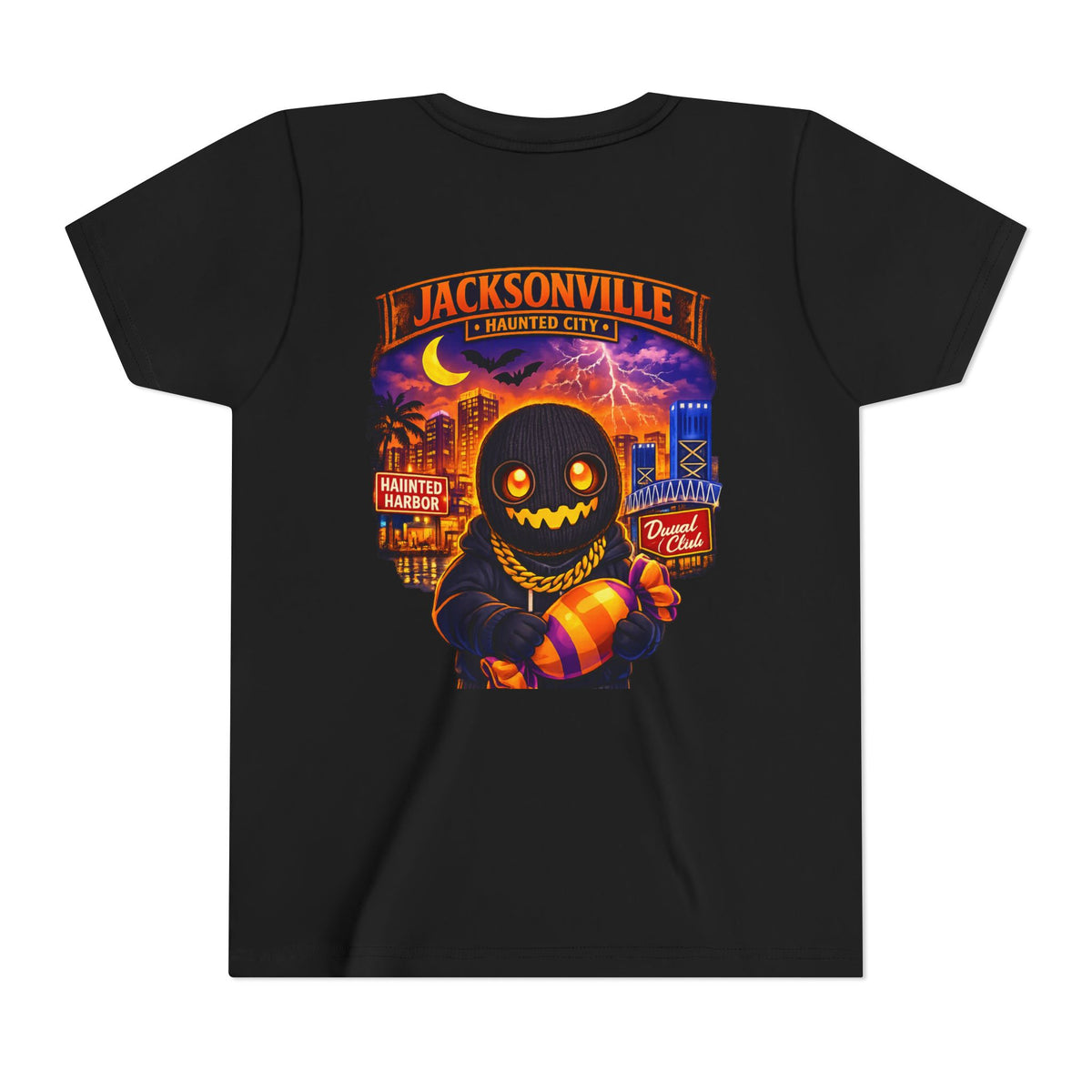 Jacksonville Haunted City Youth Tee — Halloween Smiling Mask Character
