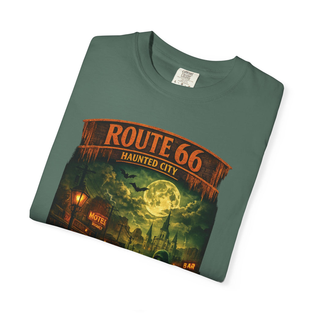 Route 66 Haunted City T-Shirt — Vintage Horror Roadtrip Graphic Tee