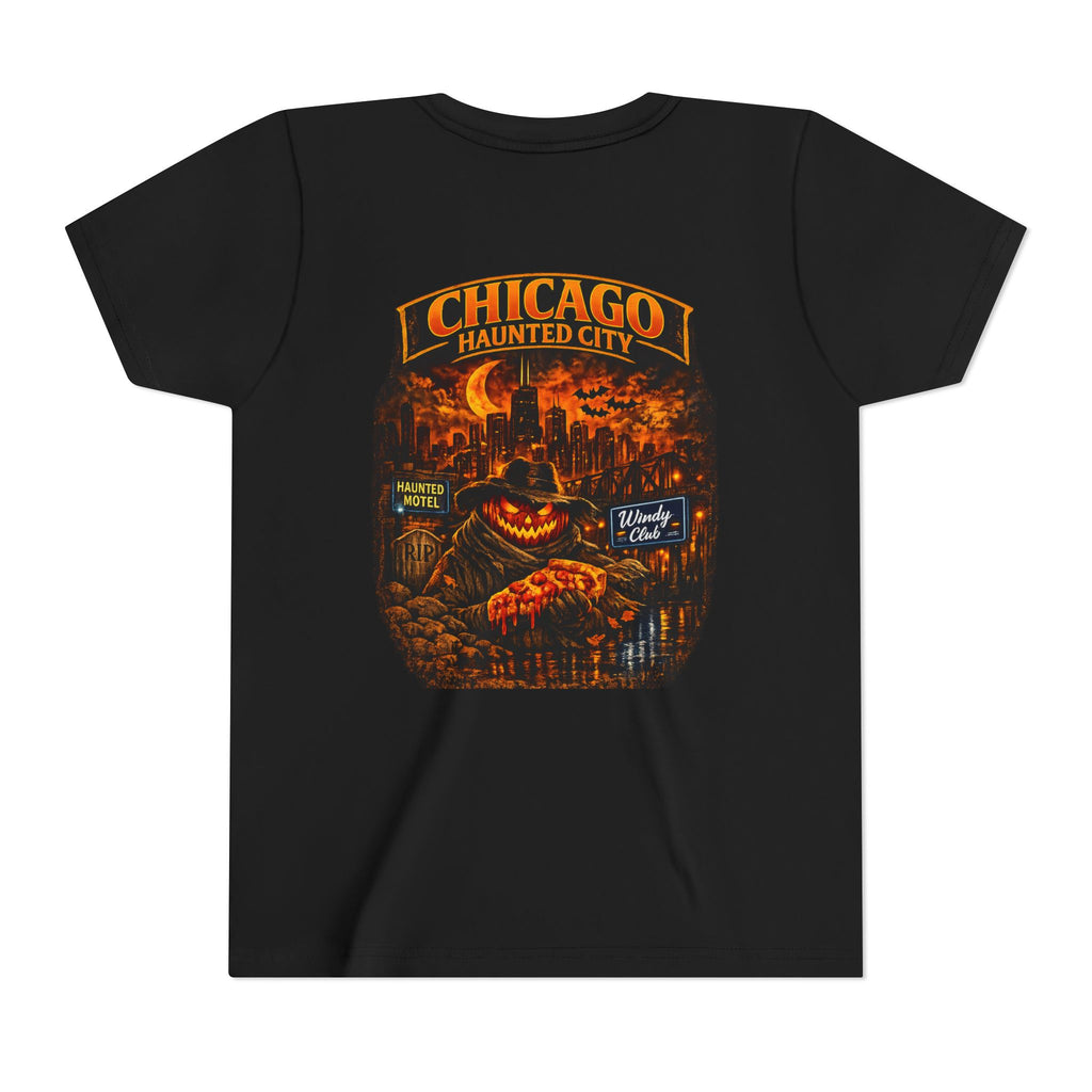Chicago Haunted City Youth Tee — Halloween Pumpkin Skyline Shirt