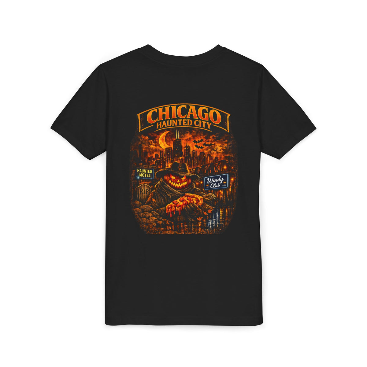 Chicago Haunted City Youth Tee — Halloween Pumpkin Skyline Shirt