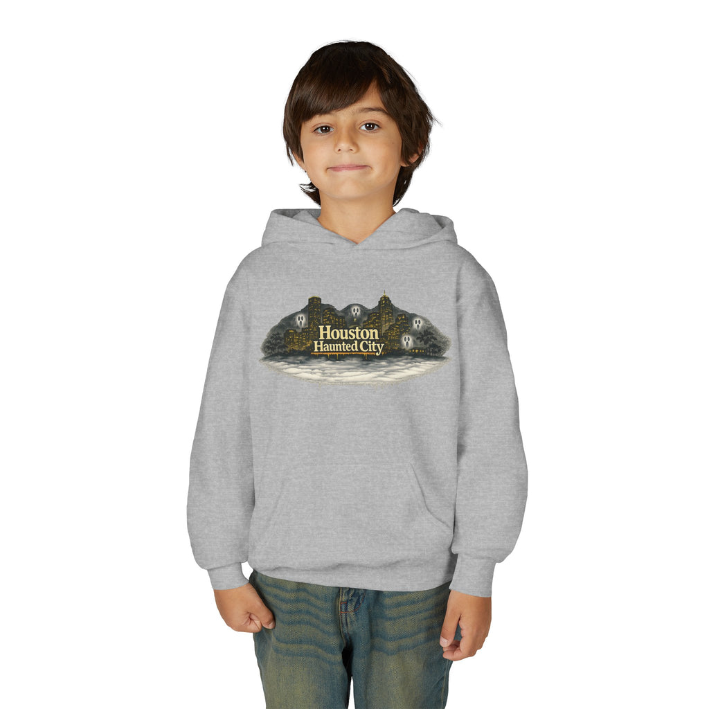 Houston Haunted City Youth Hoodie — Spooky Ghosts Graphic Pullover