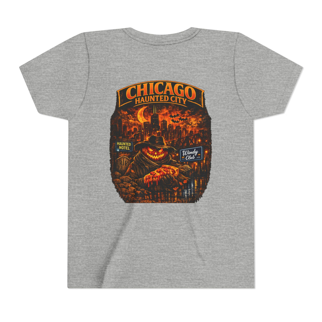 Chicago Haunted City Youth Tee — Halloween Pumpkin Skyline Shirt