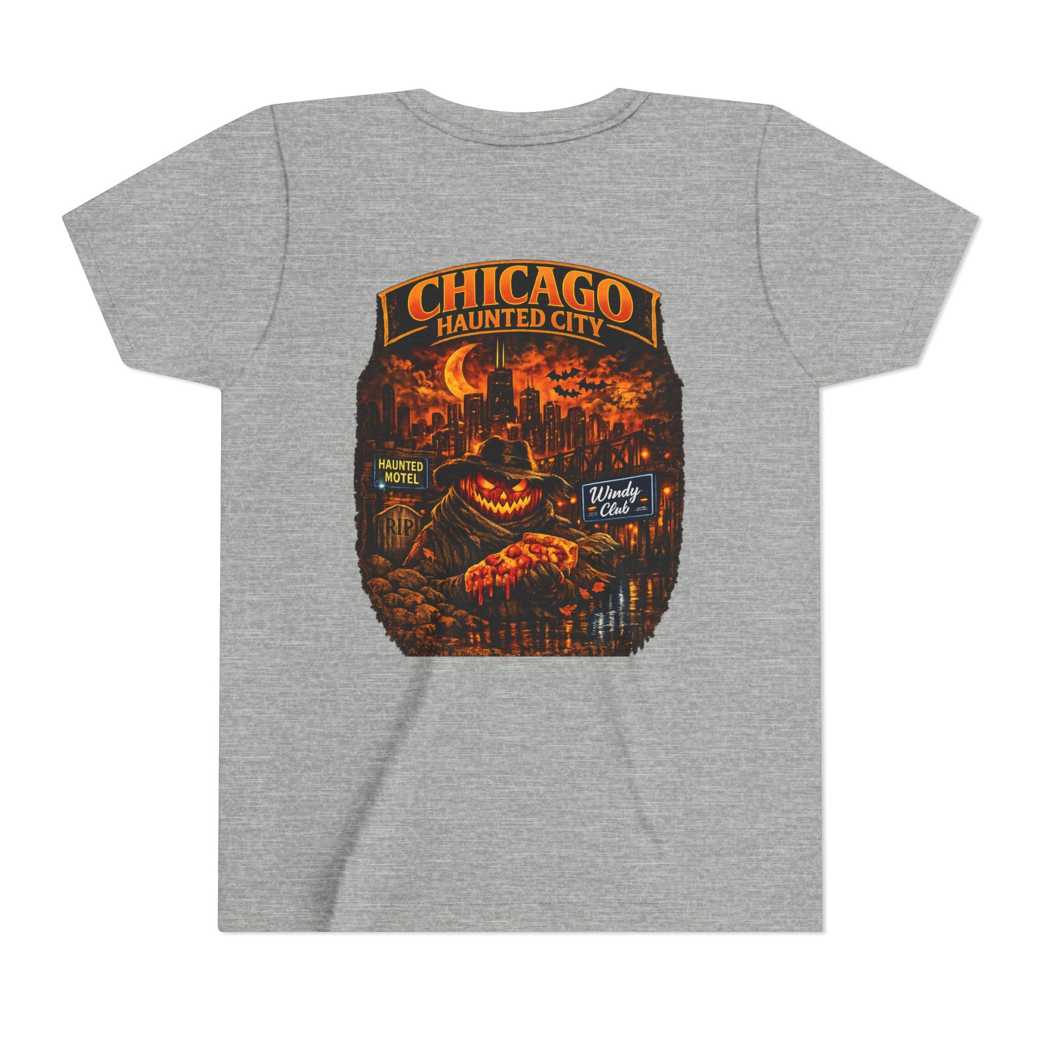 Chicago Haunted City Youth Tee — Halloween Pumpkin Skyline Shirt