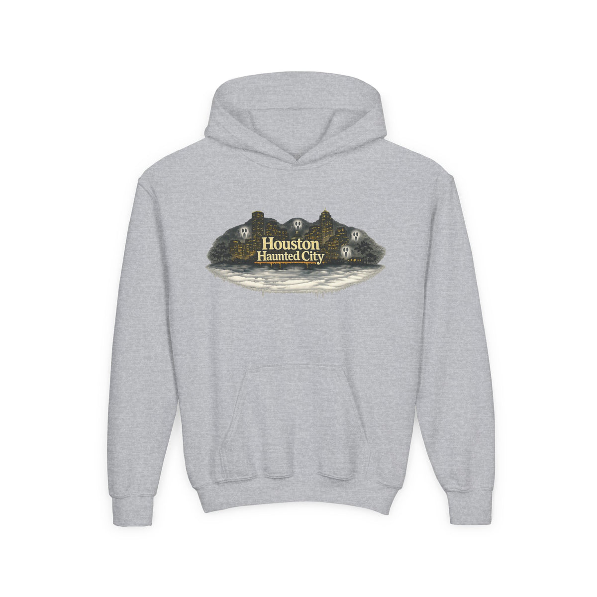Houston Haunted City Youth Hoodie — Spooky Ghosts Graphic Pullover