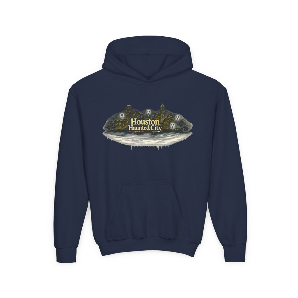 Houston Haunted City Youth Hoodie — Spooky Ghosts Graphic Pullover