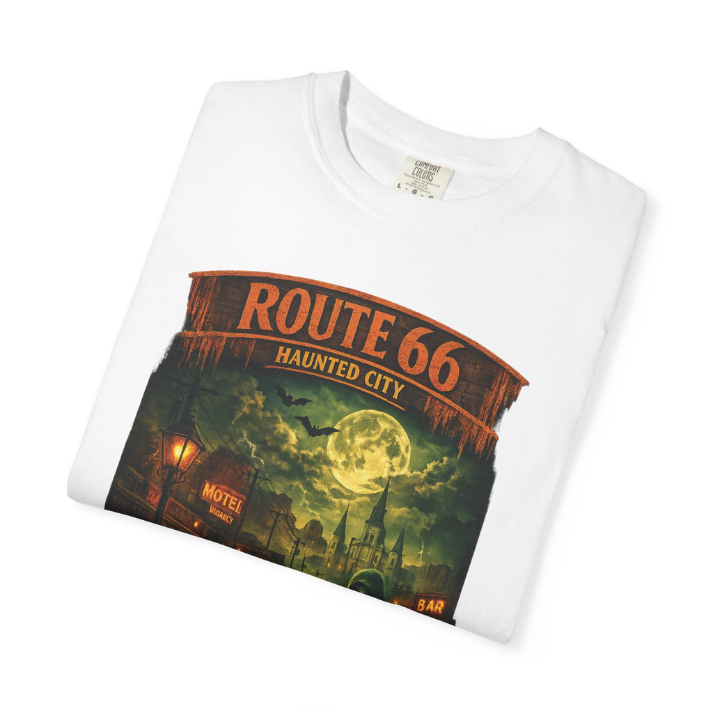 Route 66 Haunted City T-Shirt — Vintage Horror Roadtrip Graphic Tee