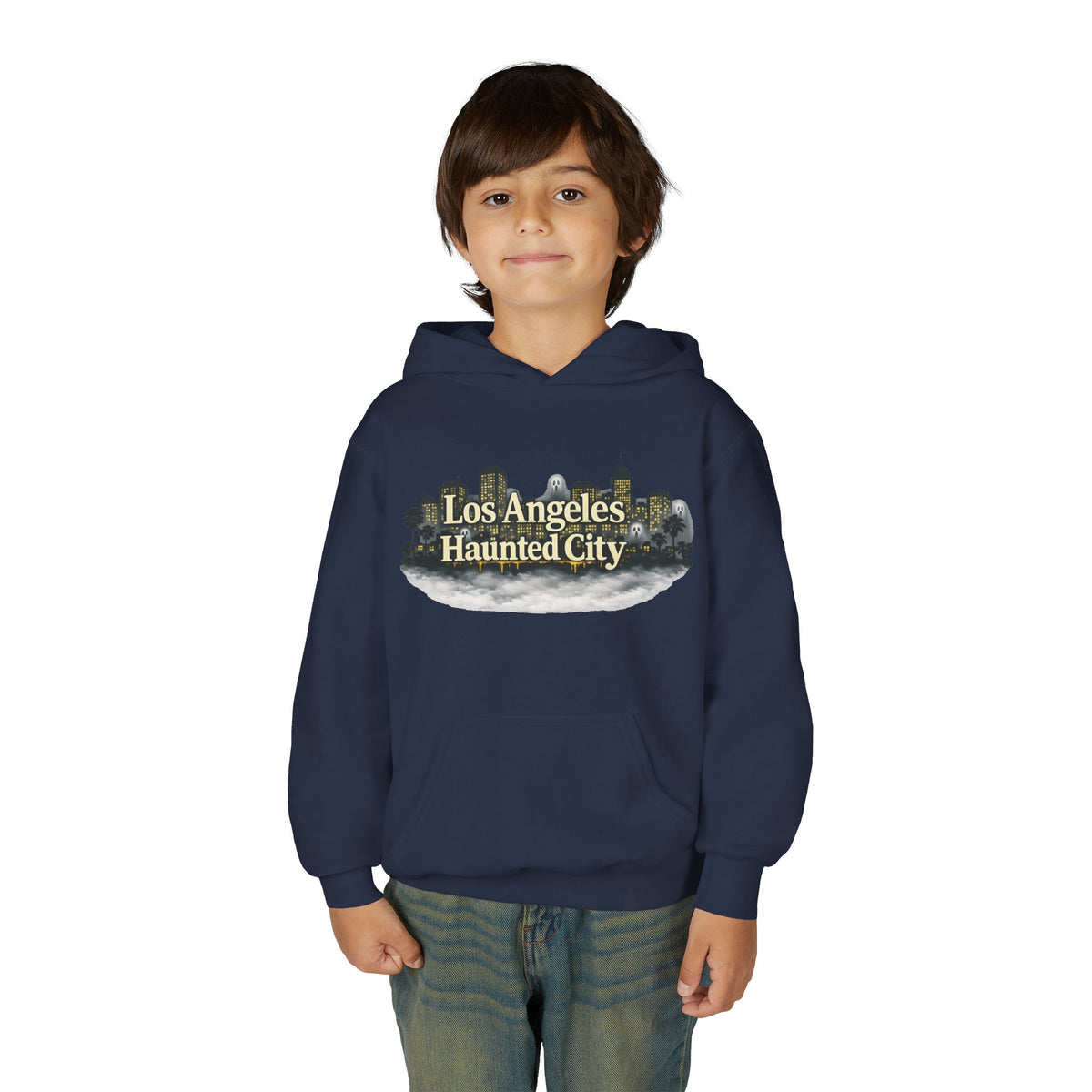 Los Angeles Haunted City Youth Hoodie — Spooky Cityscape Pullover