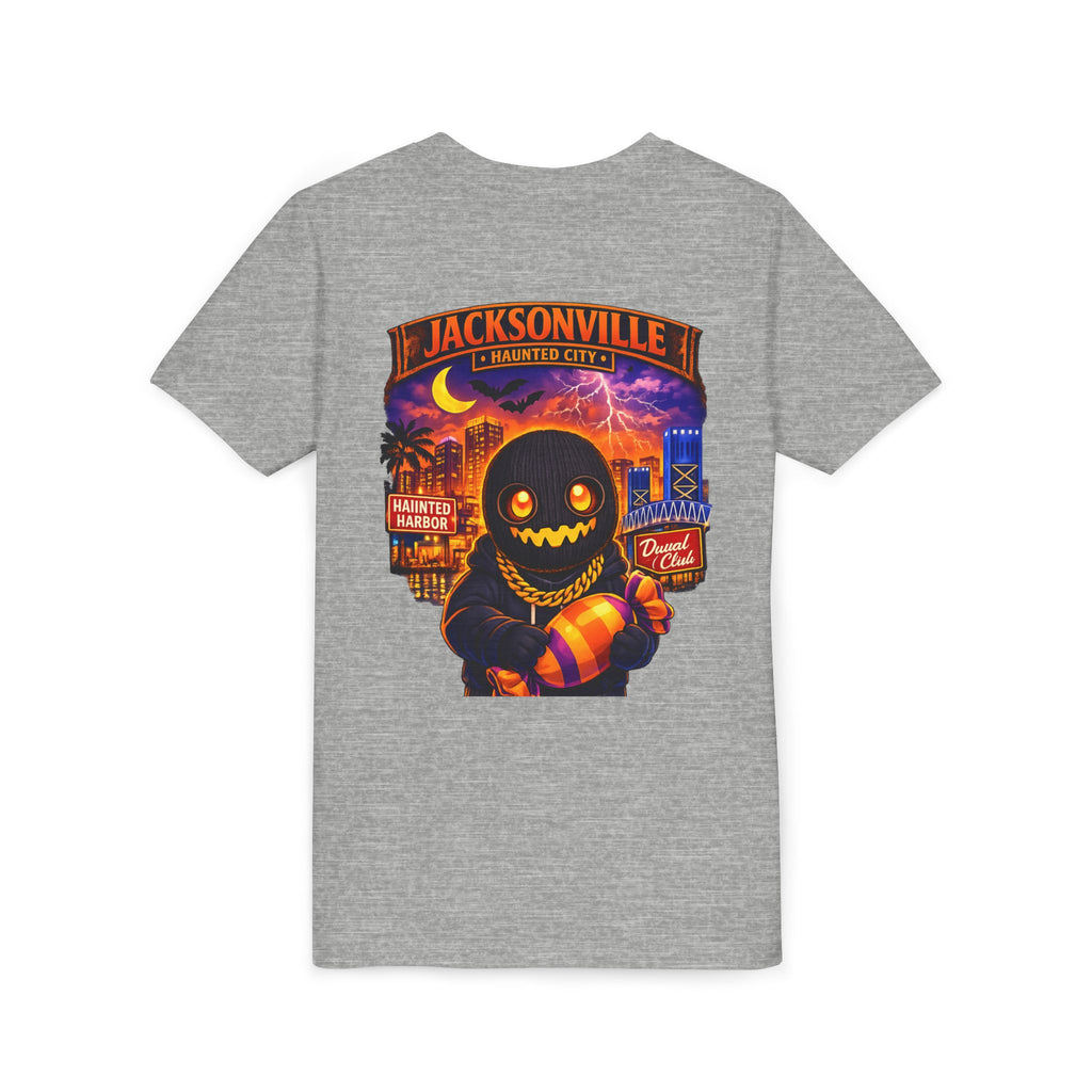 Jacksonville Haunted City Youth Tee — Halloween Smiling Mask Character