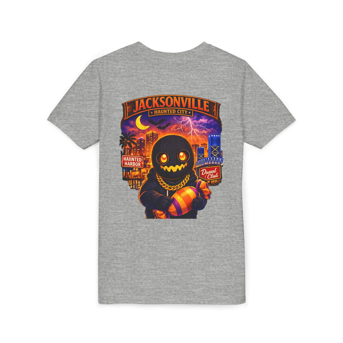 Jacksonville Haunted City Youth Tee — Halloween Smiling Mask Character