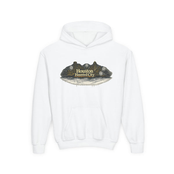 Houston Haunted City Youth Hoodie — Spooky Ghosts Graphic Pullover
