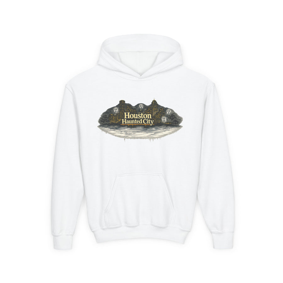 Houston Haunted City Youth Hoodie — Spooky Ghosts Graphic Pullover