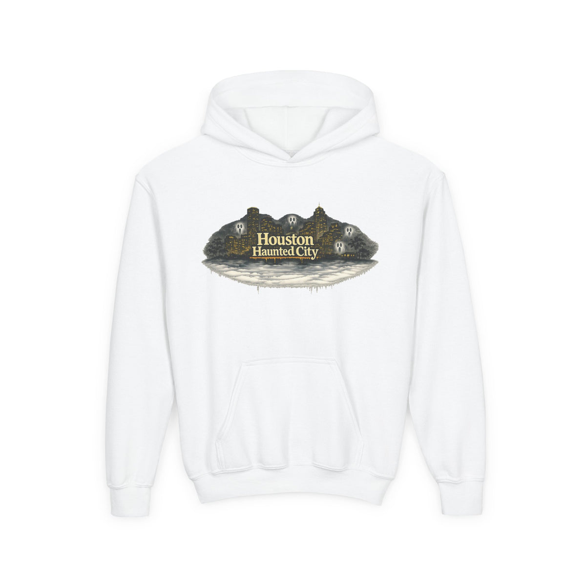Houston Haunted City Youth Hoodie — Spooky Ghosts Graphic Pullover